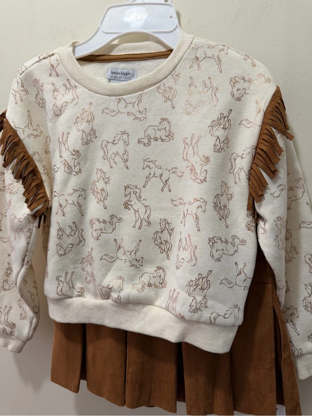 Haute Hippie Kids country girl Horse fringe sweatshirt  pleated skirt & Bag ser